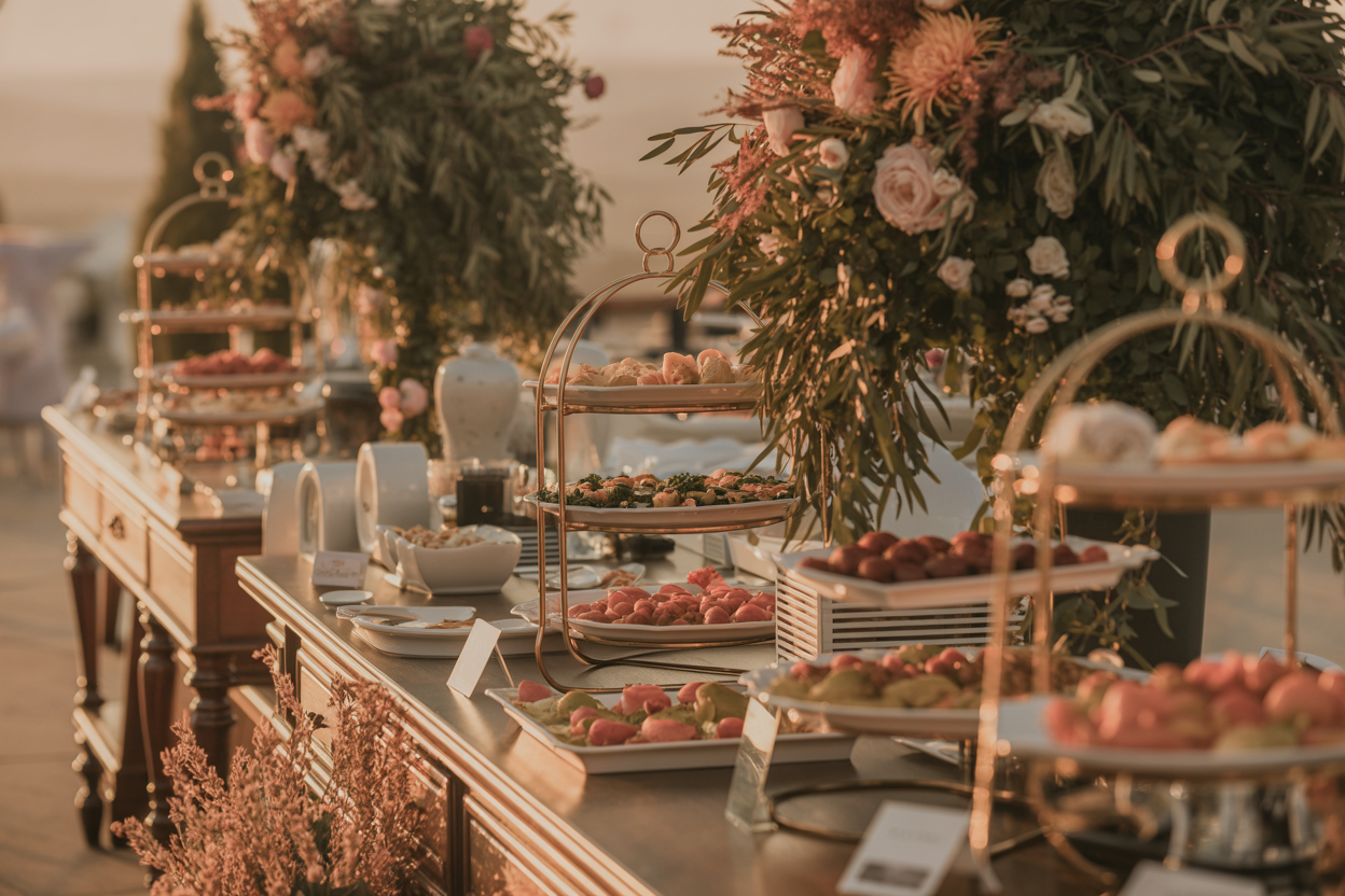 Elegant wedding reception buffet with floral decorations